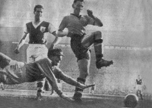 Joe Bonson on the attack in Wolves' shock FA Cup exit against Bournemouth in January, 1957.