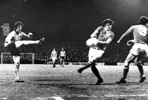 Kenny Hibbitt hits the post during Wolves' League Cup semi-final first-leg clash at Swindon in January, 1980.